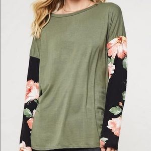 Olive tunic with Black Floral Sleeves